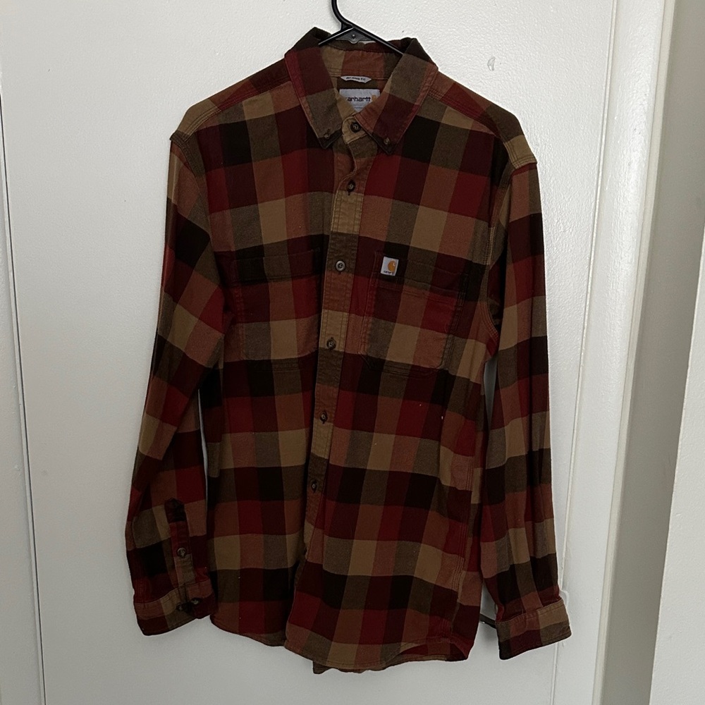 Carhartt Men's Red and Brown Plaid Button Down Shirt